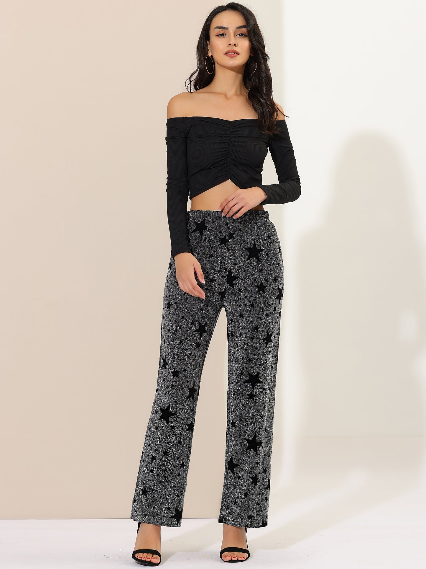Women's Sparkle High Waist Stretch Party Wide Leg Shiny Star Print Pants