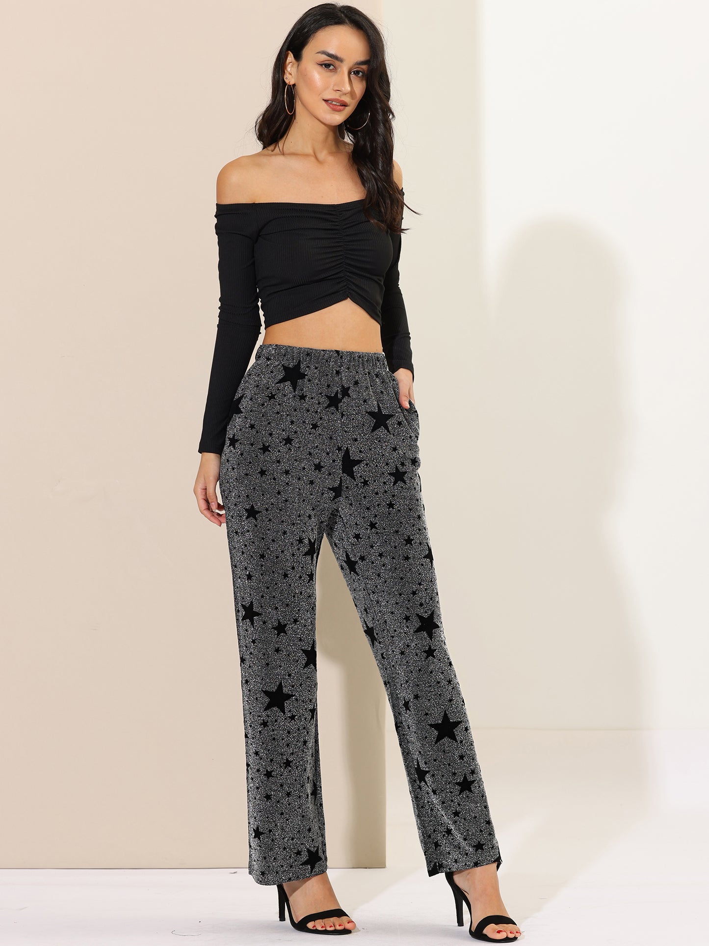 Women's Sparkle High Waist Stretch Party Wide Leg Shiny Star Print Pants