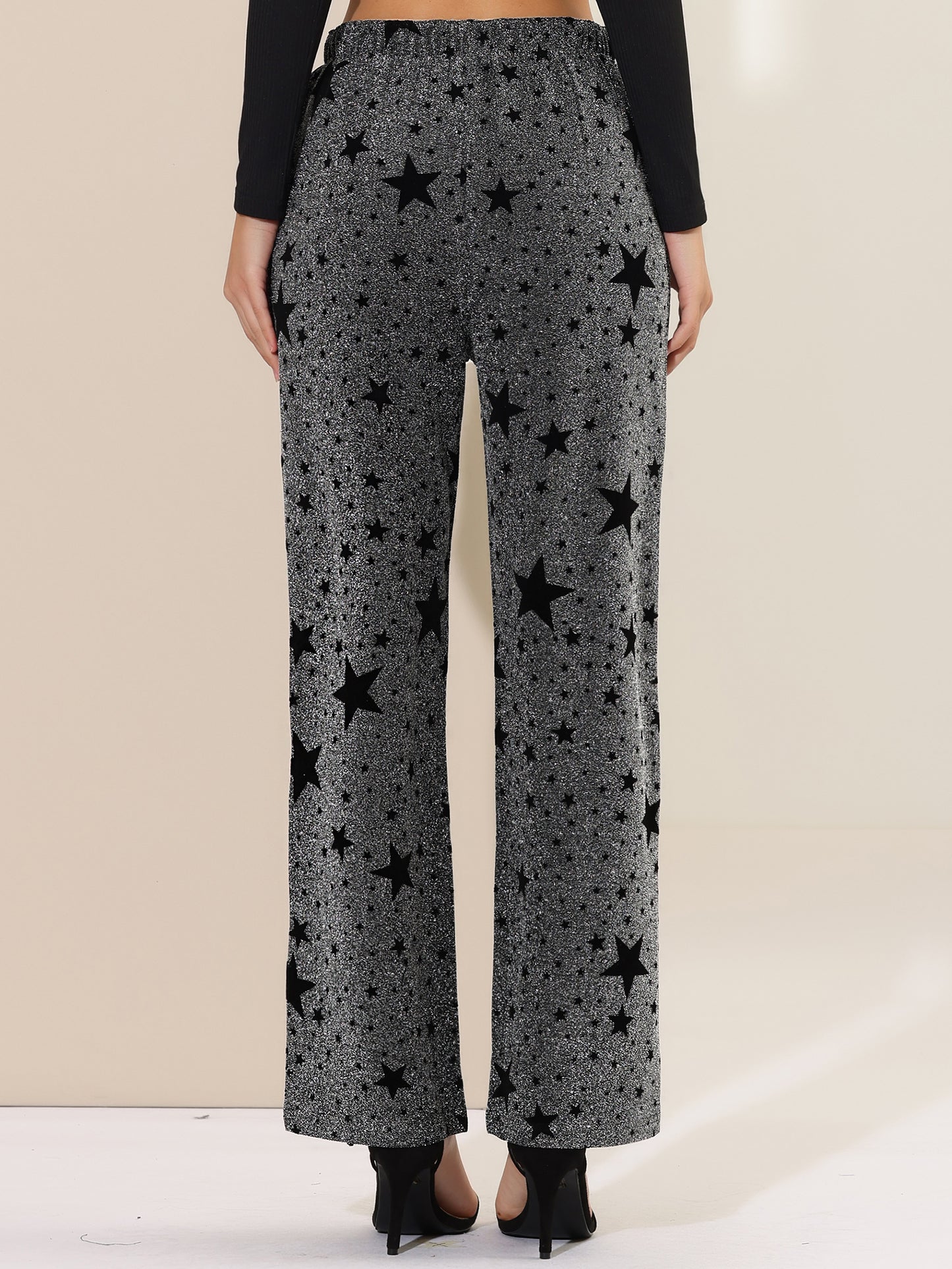 Women's Sparkle High Waist Stretch Party Wide Leg Shiny Star Print Pants