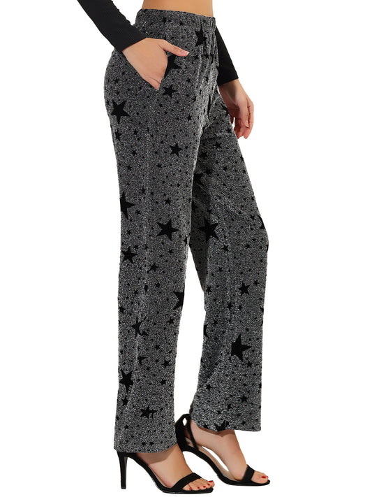 Women's Sparkle High Waist Stretch Party Wide Leg Shiny Star Print Pants
