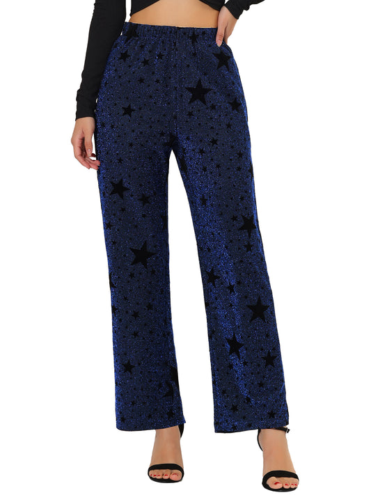 Women's Sparkle High Waist Stretch Party Wide Leg Shiny Star Print Pants