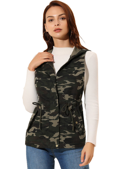Women's Camo Vest Hooded Drawstring Waist Cargo Sleeveless Jacket