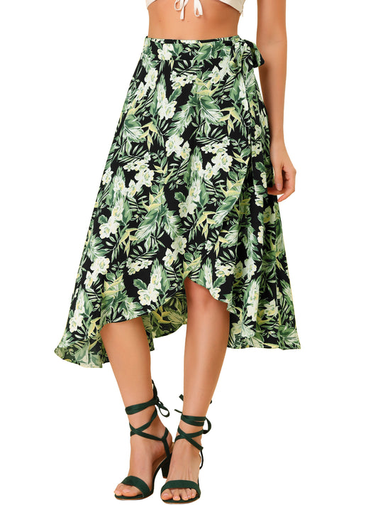 Falda midi cruzada con estampado floral bohemio de playa tropical para mujer