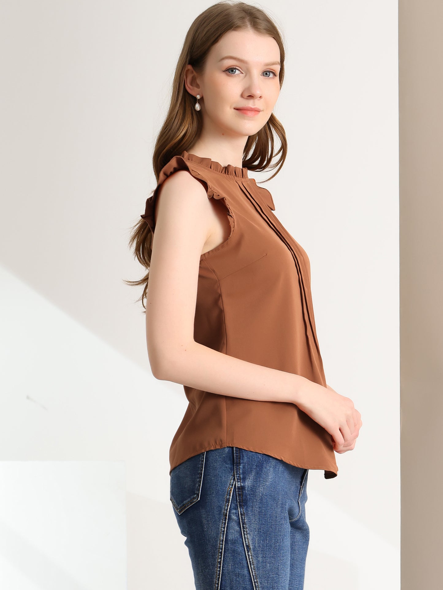 Women's Business Casual Sleeveless Ruffle Blouse Top