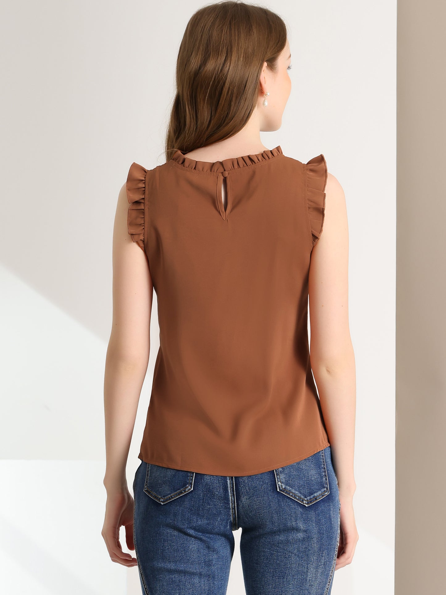 Women's Business Casual Sleeveless Ruffle Blouse Top