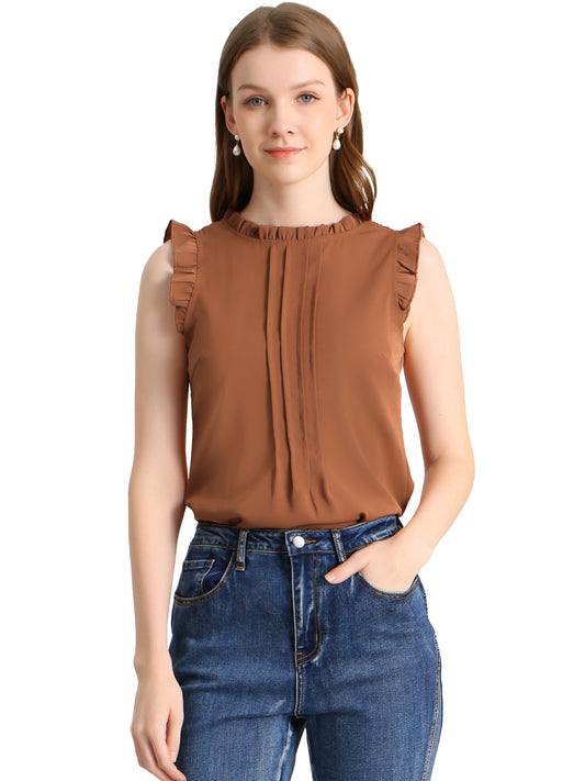 Women's Business Casual Sleeveless Ruffle Blouse Top