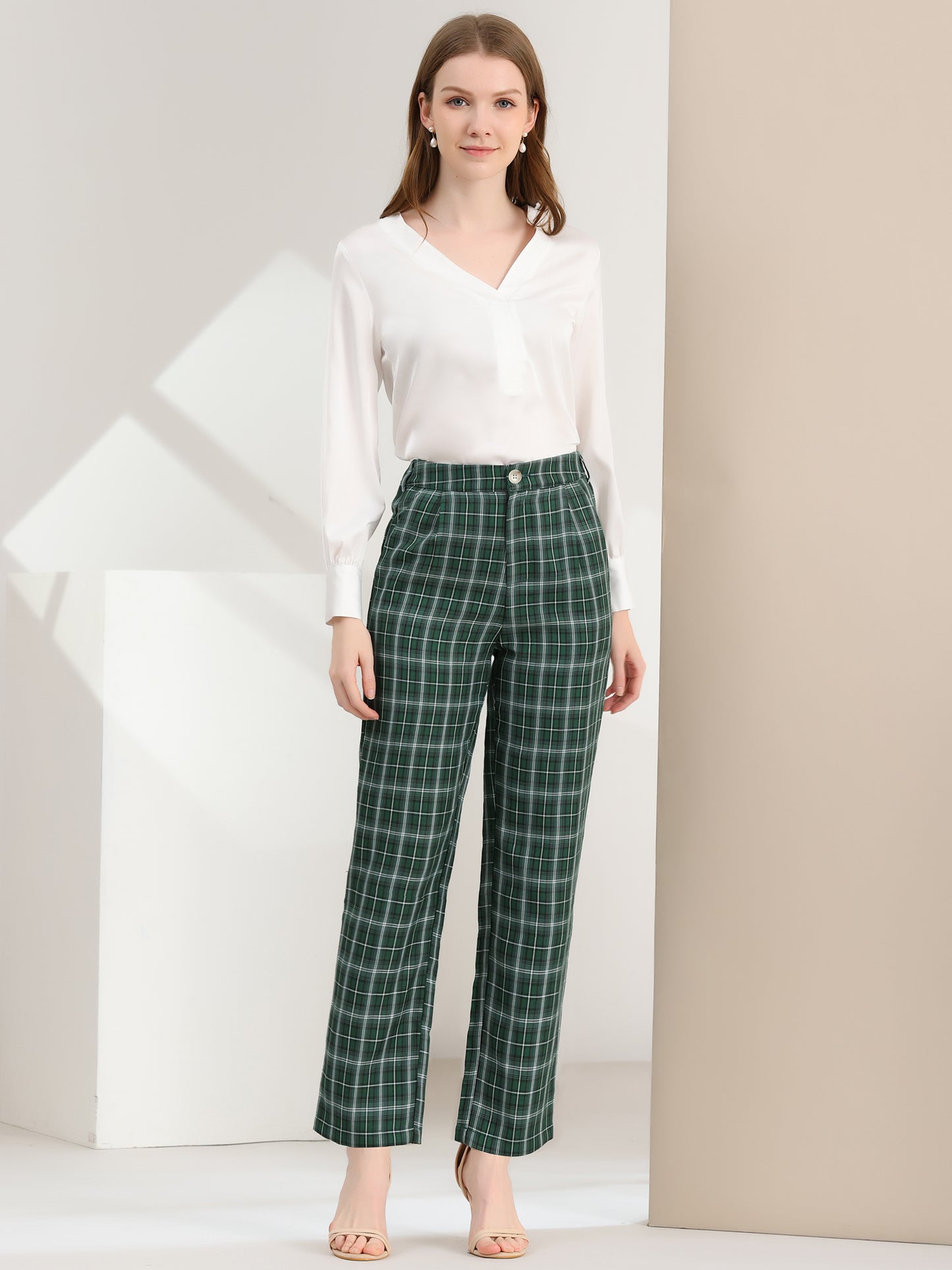 Pantalones a cuadros para mujer, cintura elástica, informales, para trabajo y oficina