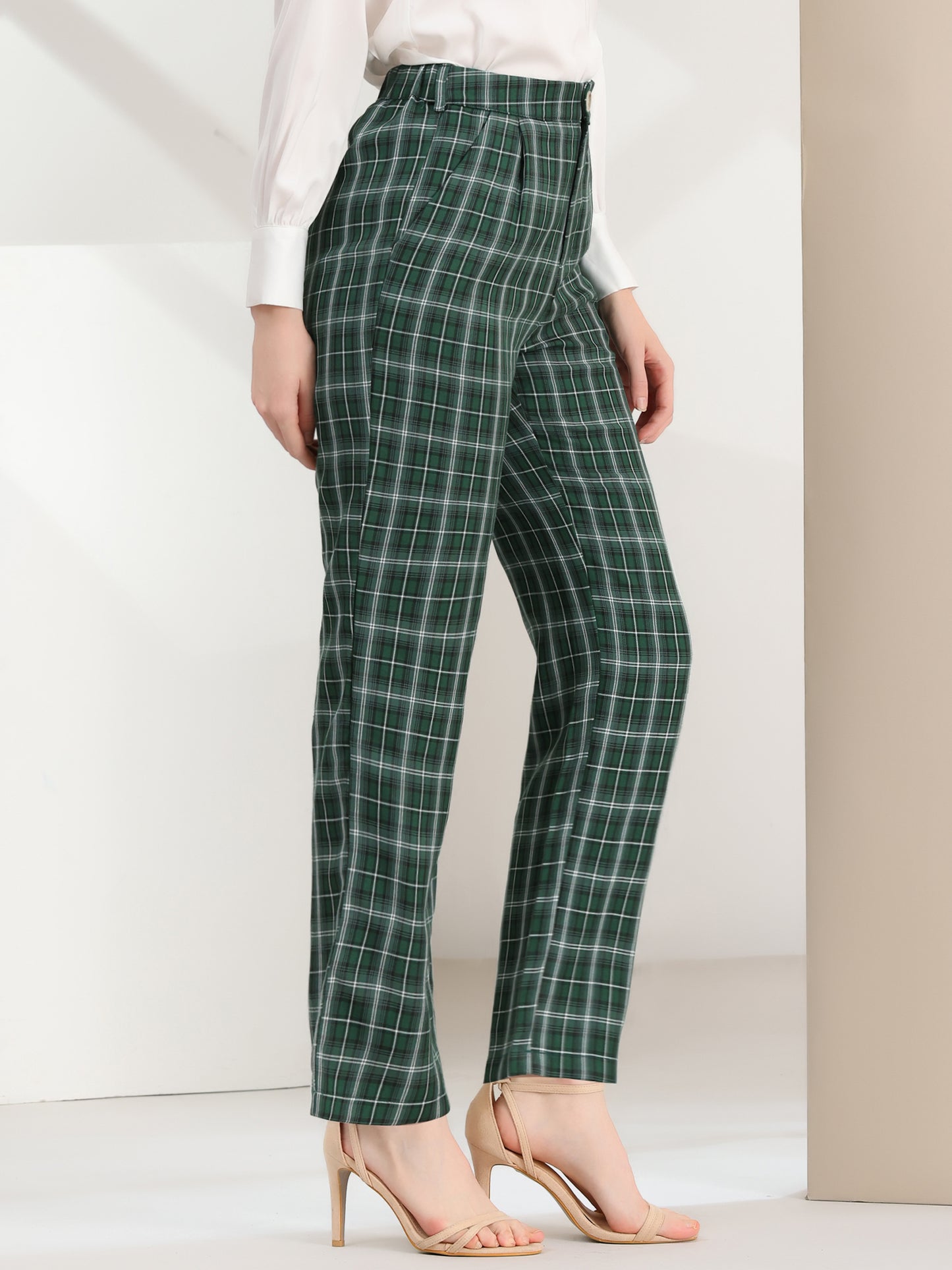 Pantalones a cuadros para mujer, cintura elástica, informales, para trabajo y oficina
