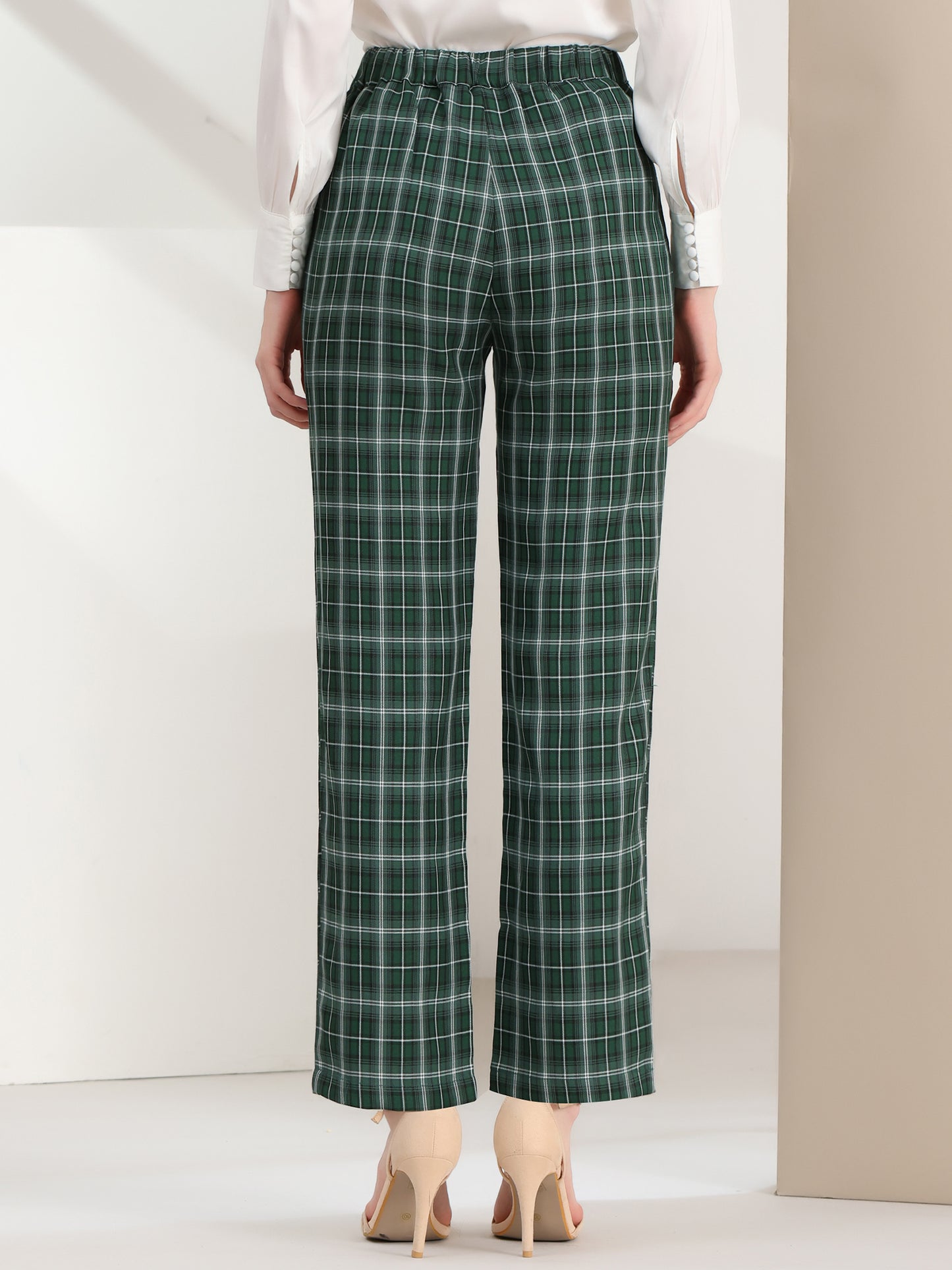 Pantalones a cuadros para mujer, cintura elástica, informales, para trabajo y oficina