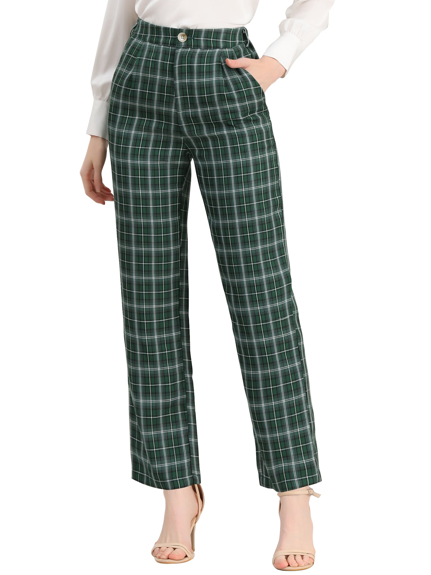 Women's Plaid Pants Elastic Waist Casual Work Office Long Trousers (Available in Plus Size)