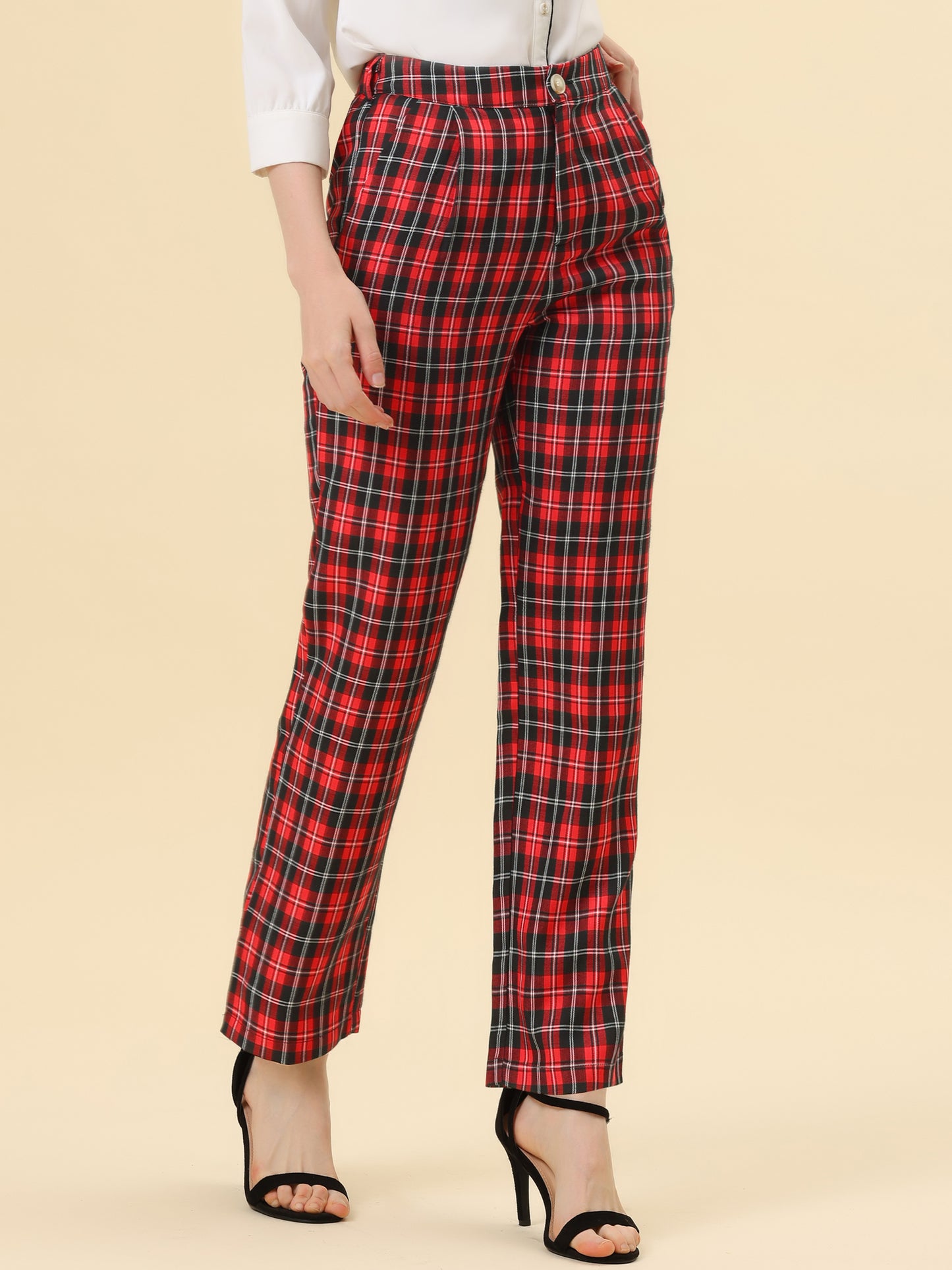 Women's Plaid Pants Elastic Waist Casual Work Office Long Trousers
