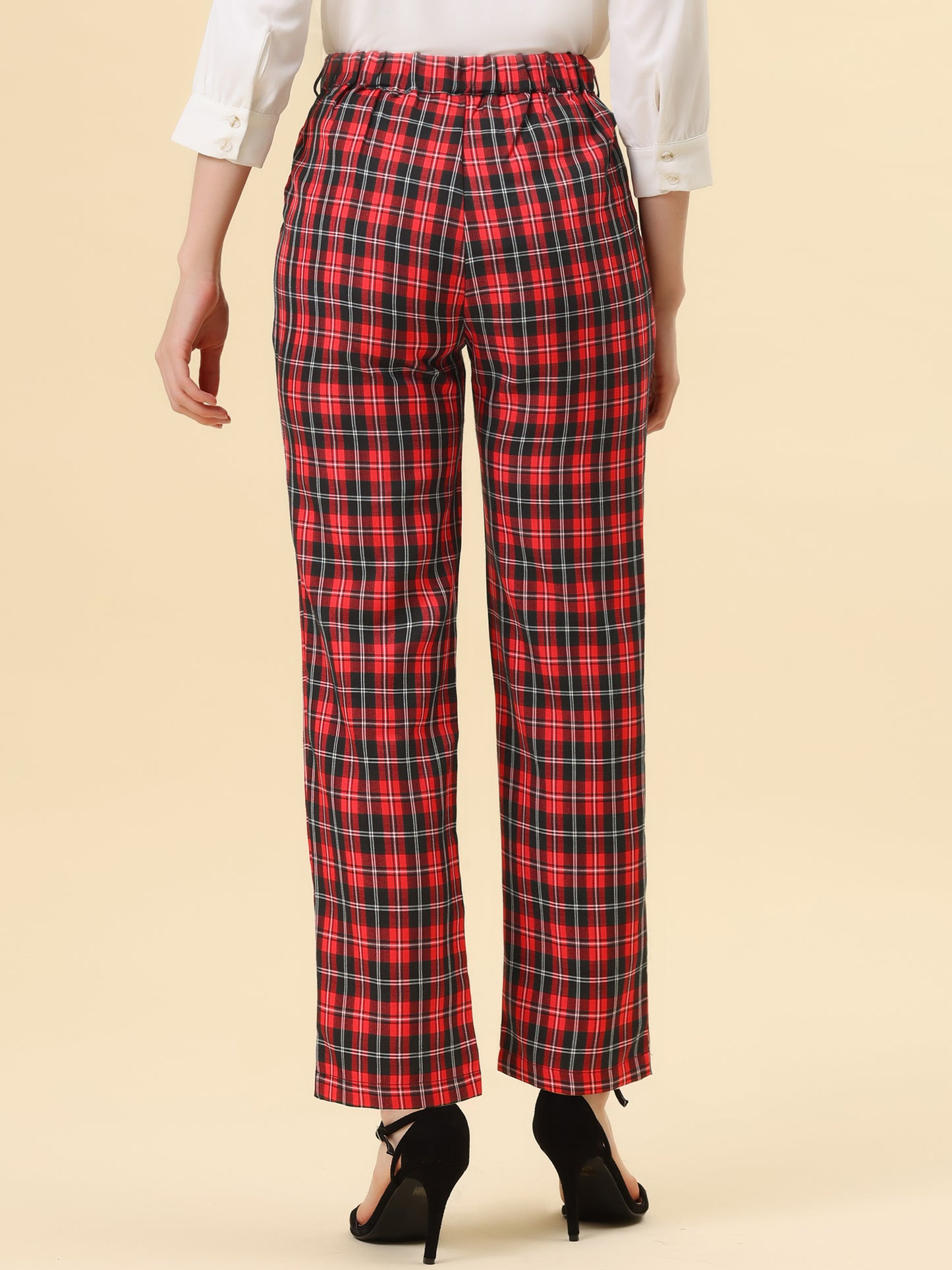 Women's Plaid Pants Elastic Waist Casual Work Office Long Trousers