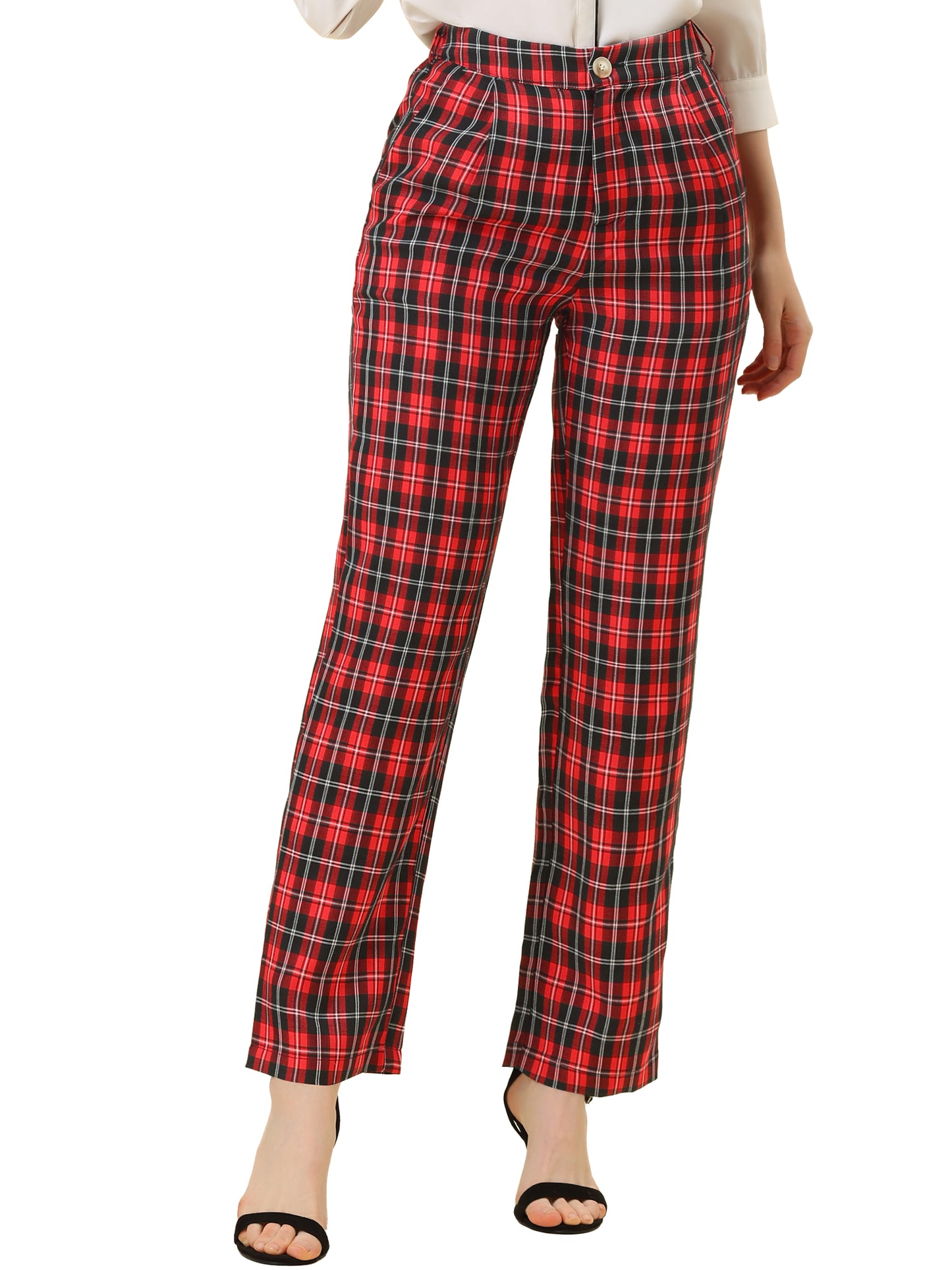 Women's Plaid Pants Elastic Waist Casual Work Office Long Trousers