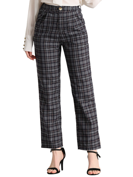 Women's Plaid Pants Elastic Waist Casual Work Office Long Trousers