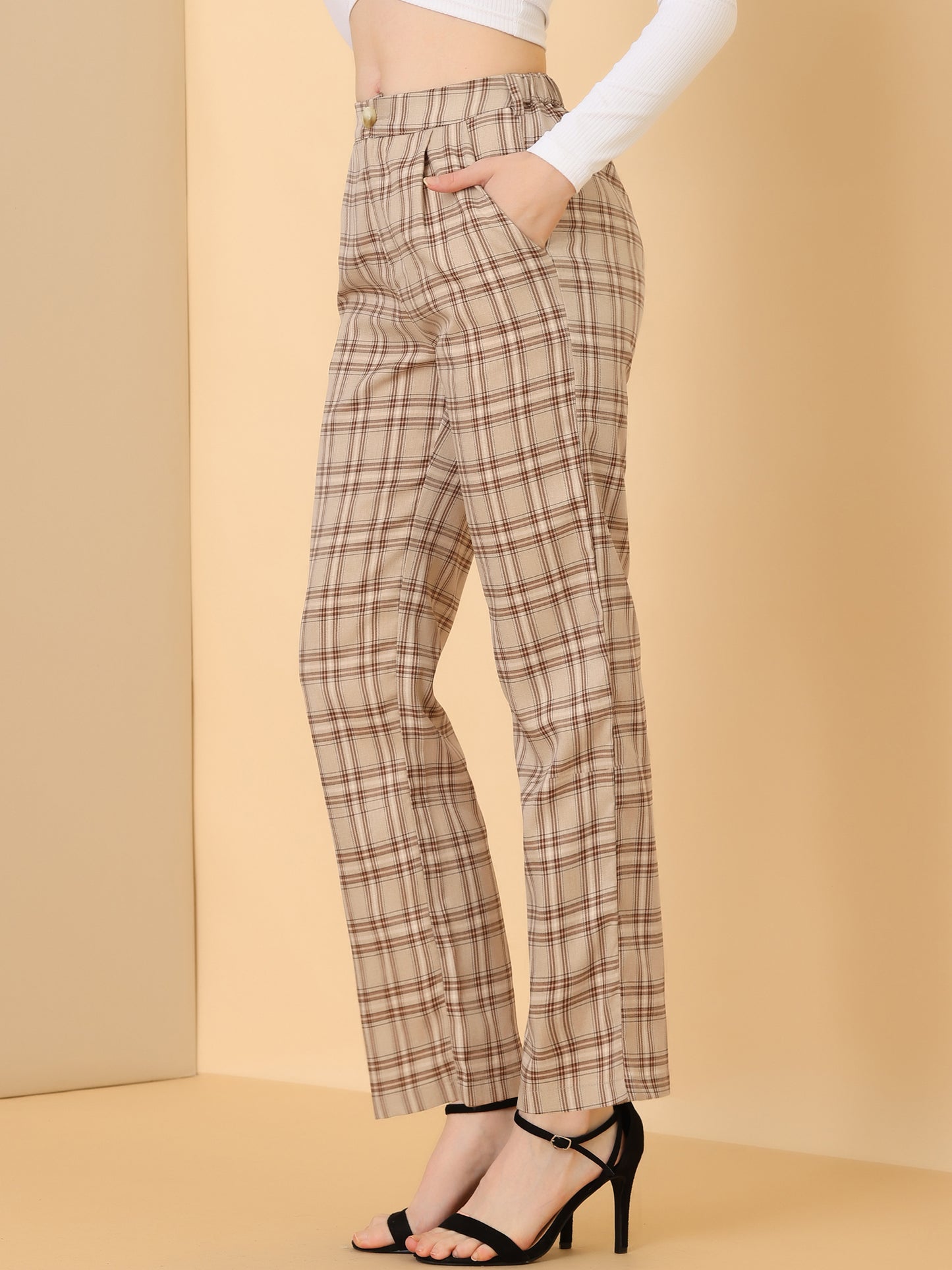 Pantalones a cuadros para mujer, cintura elástica, informales, para trabajo y oficina