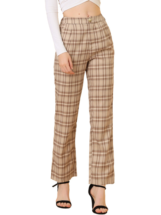 Women's Plaid Pants Elastic Waist Casual Work Office Long Trousers
