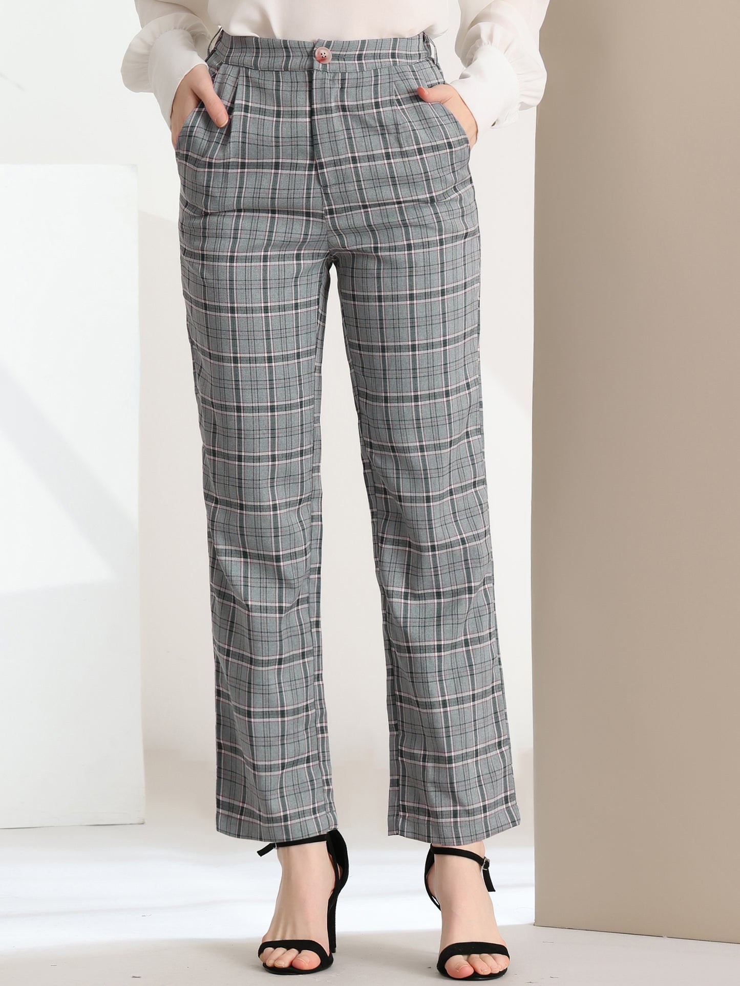 Pantalones a cuadros para mujer, cintura elástica, informales, para trabajo y oficina