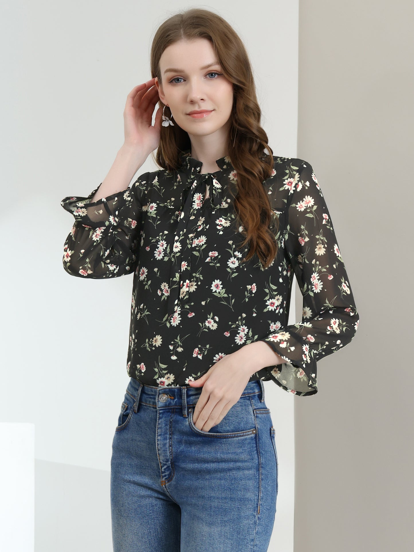 Women's Ruffle Collar 3/4 Sleeve Tie Neck Chiffon Floral Blouse Top