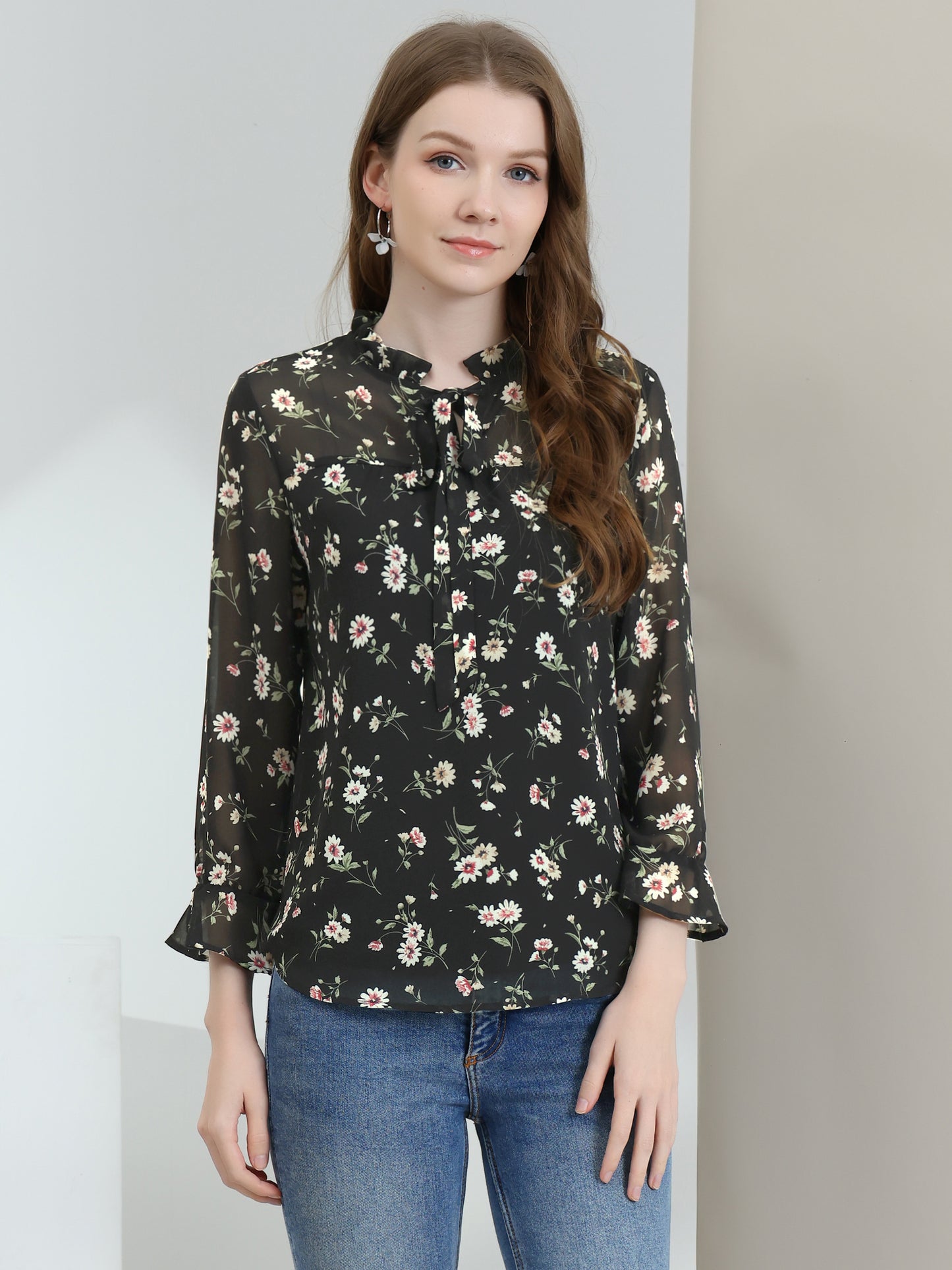 Women's Ruffle Collar 3/4 Sleeve Tie Neck Chiffon Floral Blouse Top