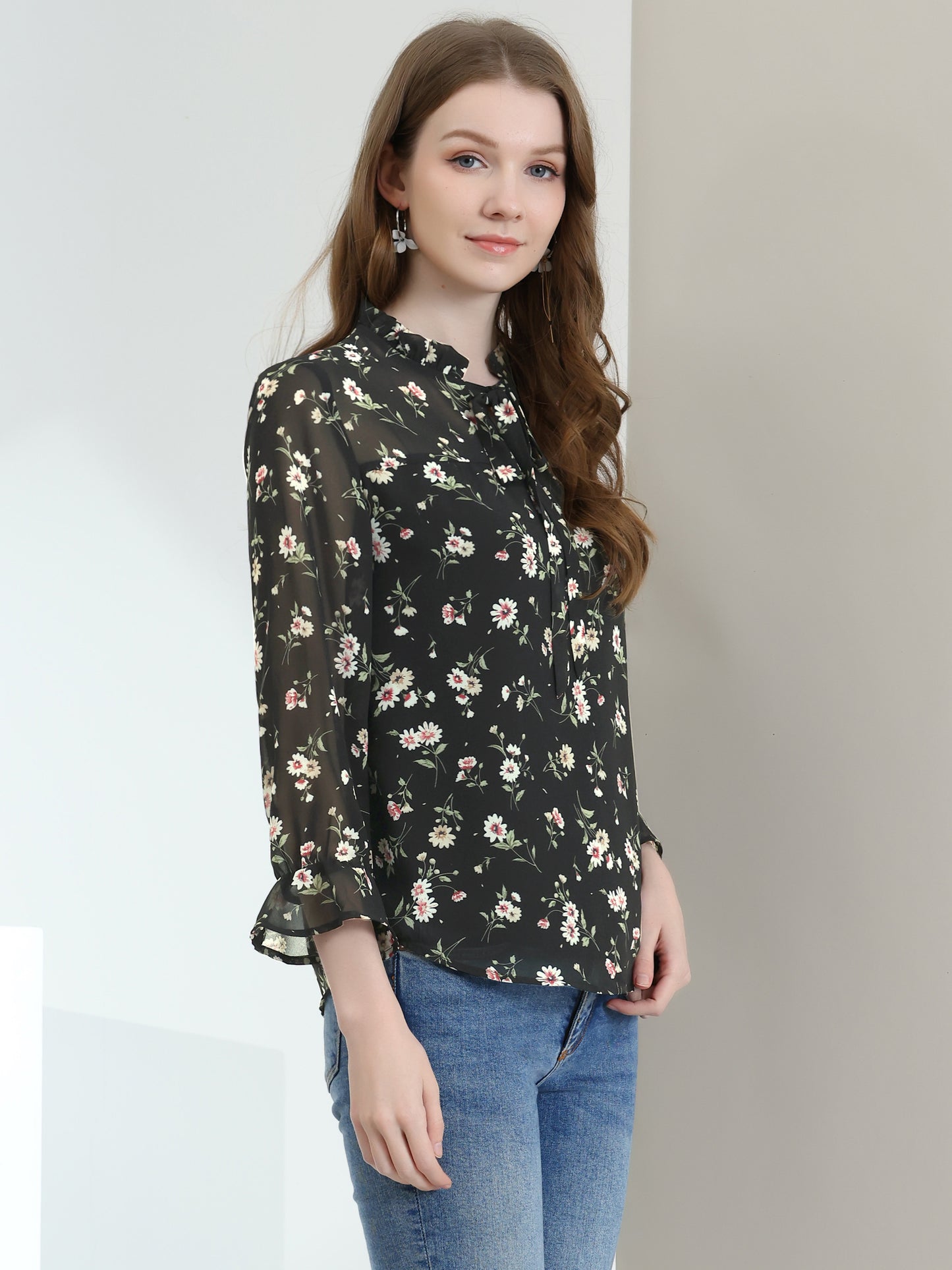 Women's Ruffle Collar 3/4 Sleeve Tie Neck Chiffon Floral Blouse Top