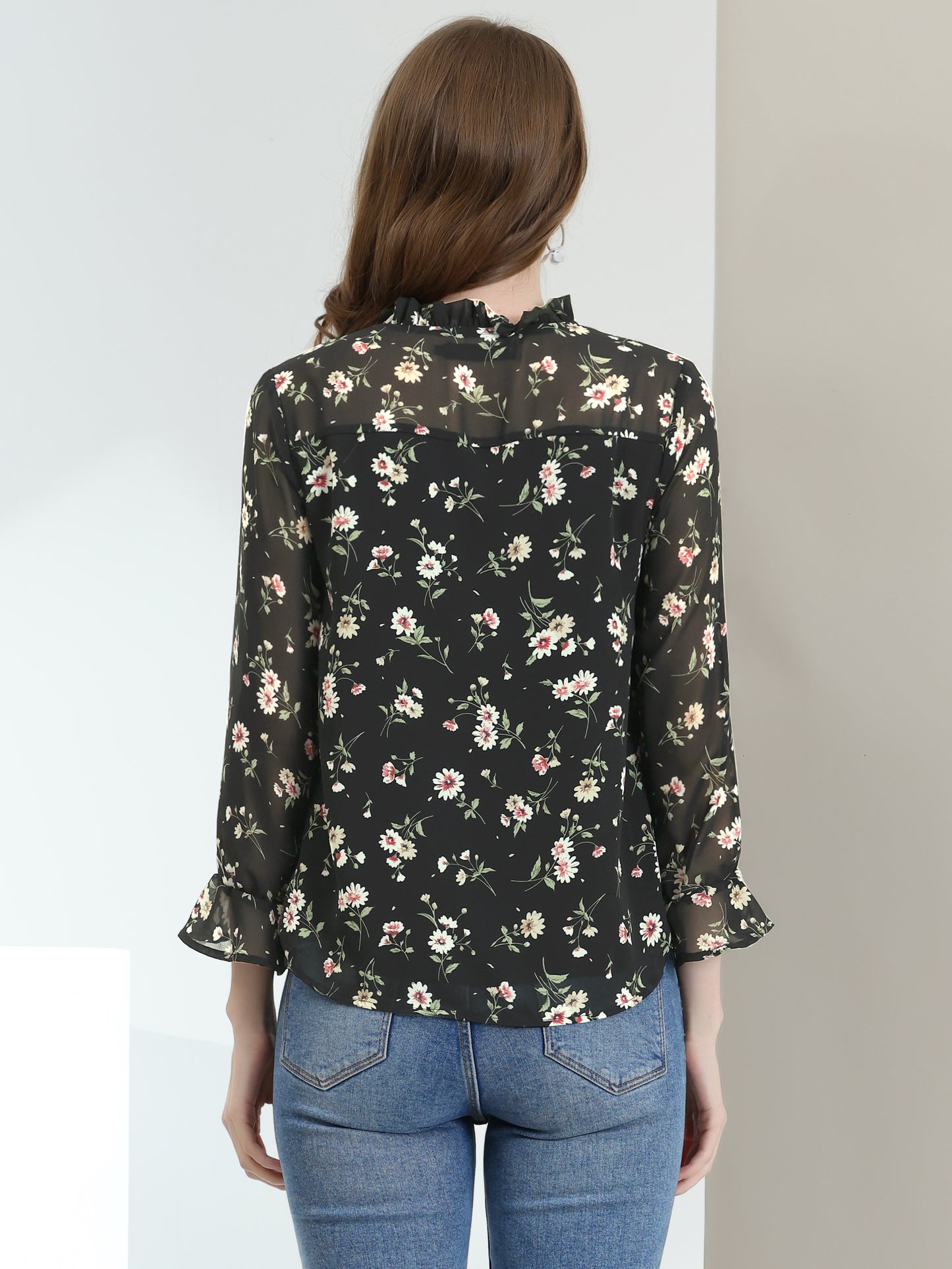 Women's Ruffle Collar 3/4 Sleeve Tie Neck Chiffon Floral Blouse Top