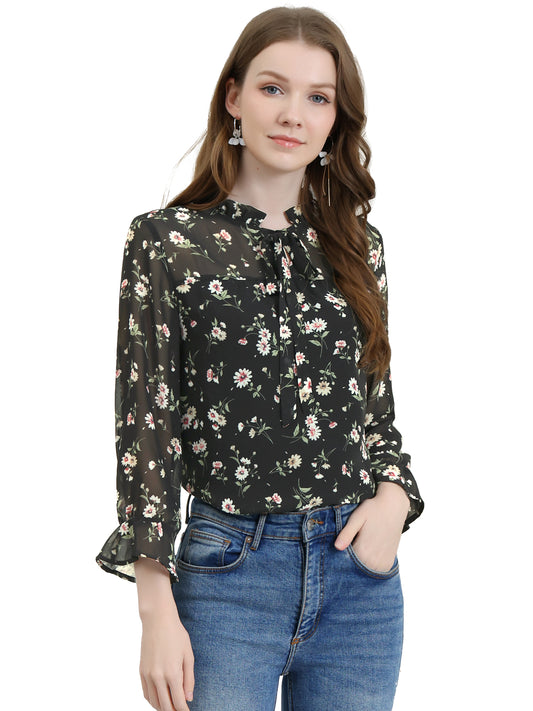 Women's Ruffle Collar 3/4 Sleeve Tie Neck Chiffon Floral Blouse Top