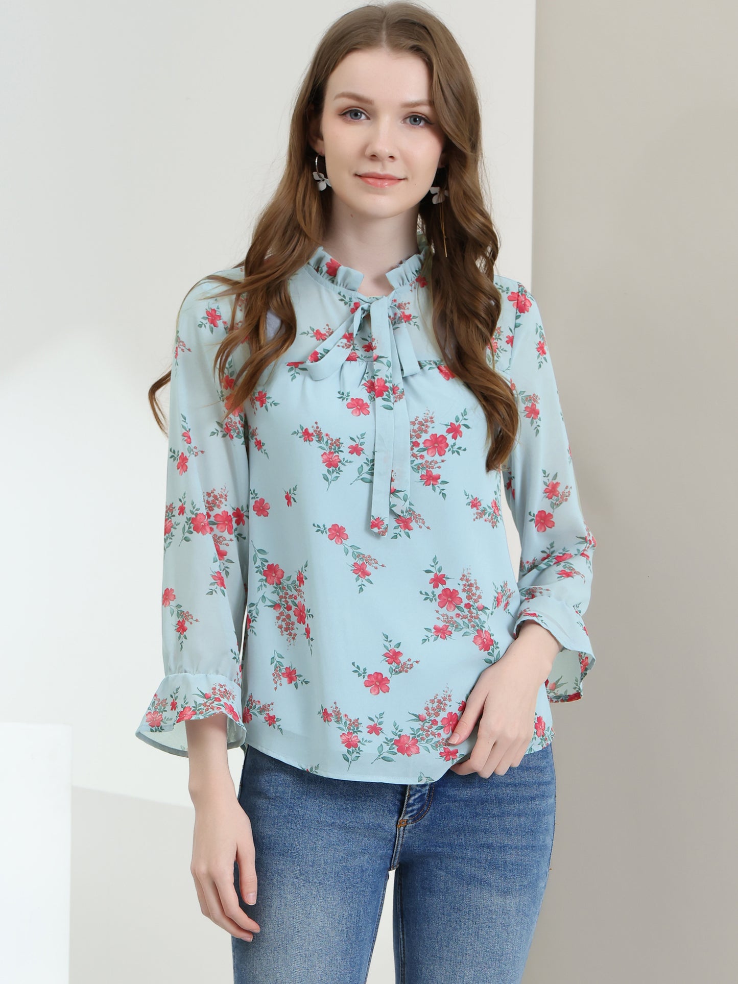 Women's Ruffle Collar 3/4 Sleeve Tie Neck Chiffon Floral Blouse Top