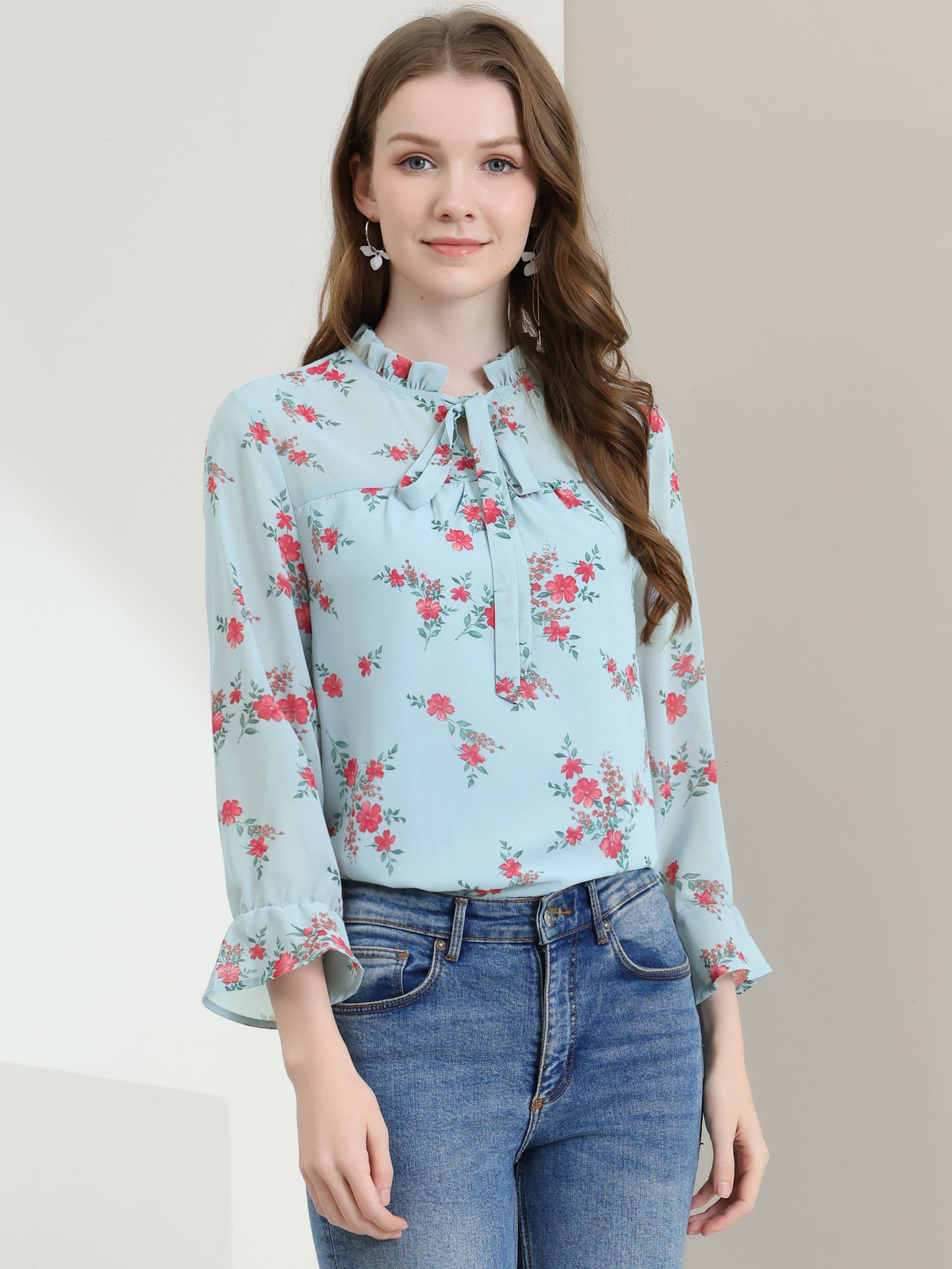 Women's Ruffle Collar 3/4 Sleeve Tie Neck Chiffon Floral Blouse Top