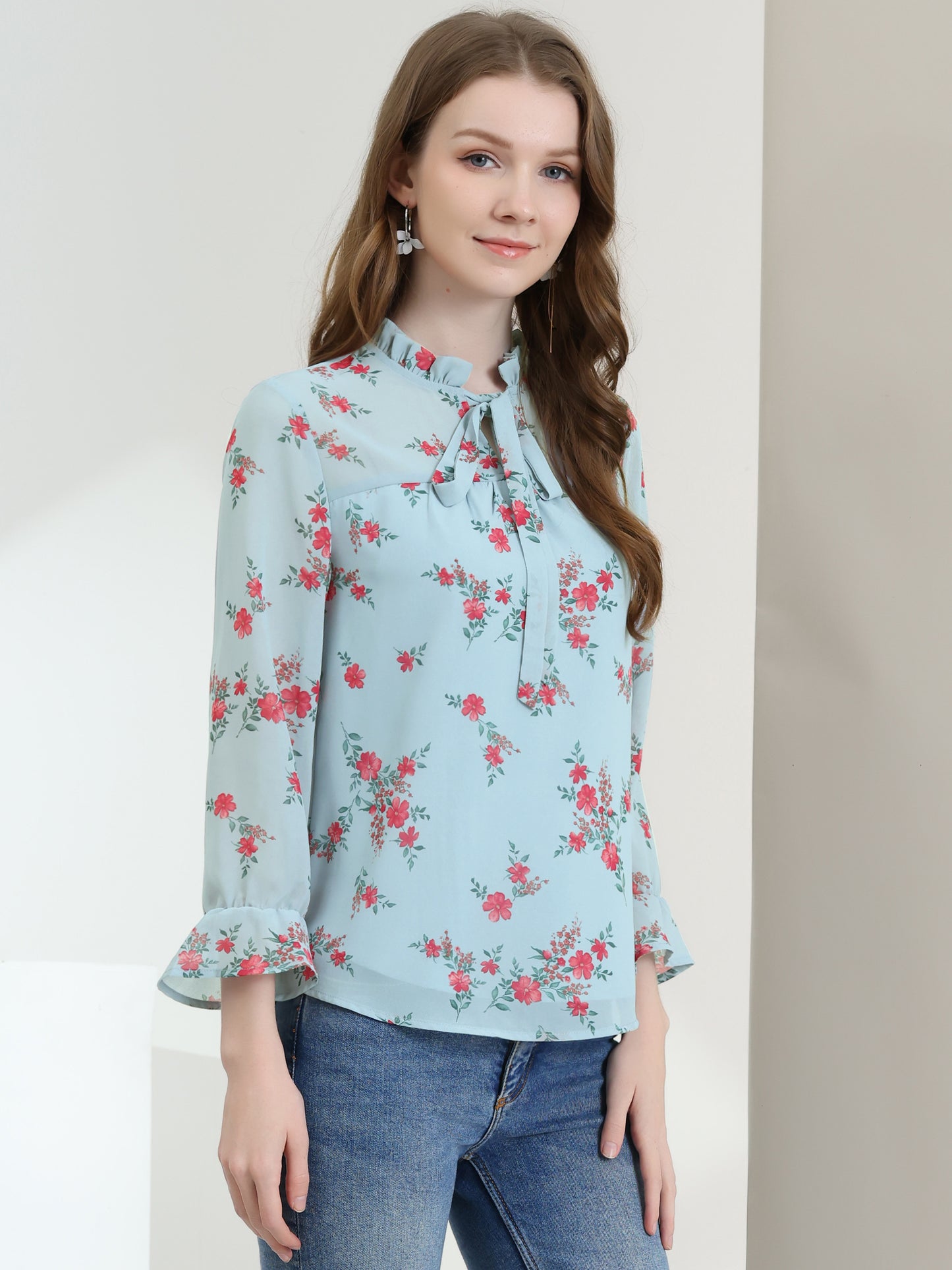 Women's Ruffle Collar 3/4 Sleeve Tie Neck Chiffon Floral Blouse Top