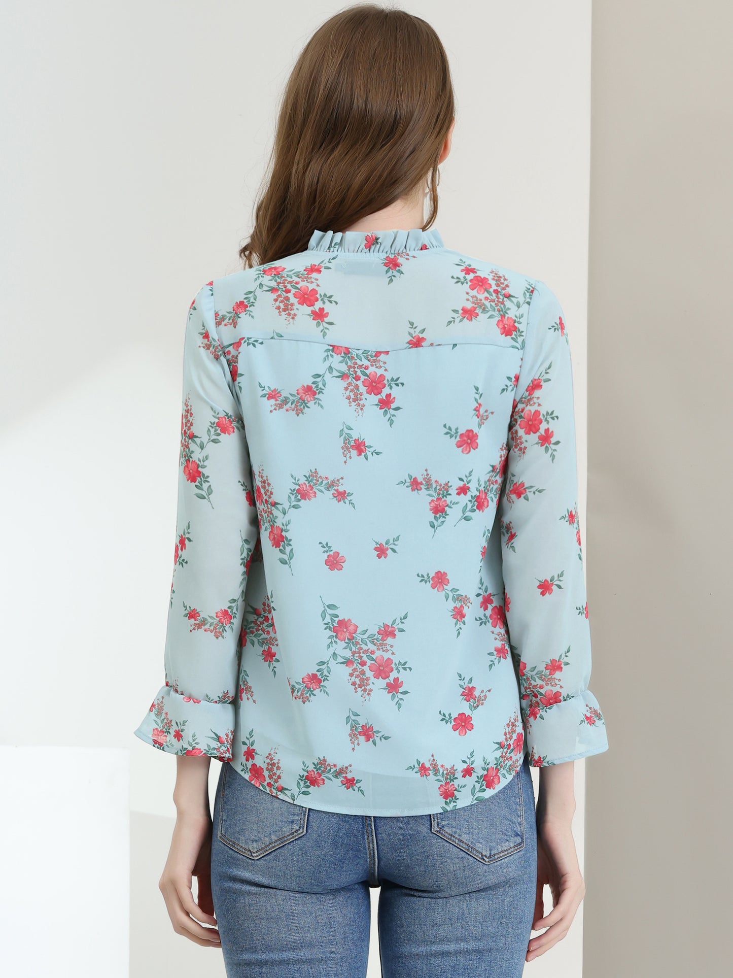 Women's Ruffle Collar 3/4 Sleeve Tie Neck Chiffon Floral Blouse Top