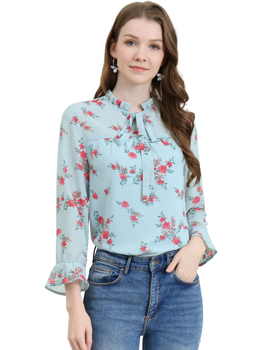 Women's Ruffle Collar 3/4 Sleeve Tie Neck Chiffon Floral Blouse Top