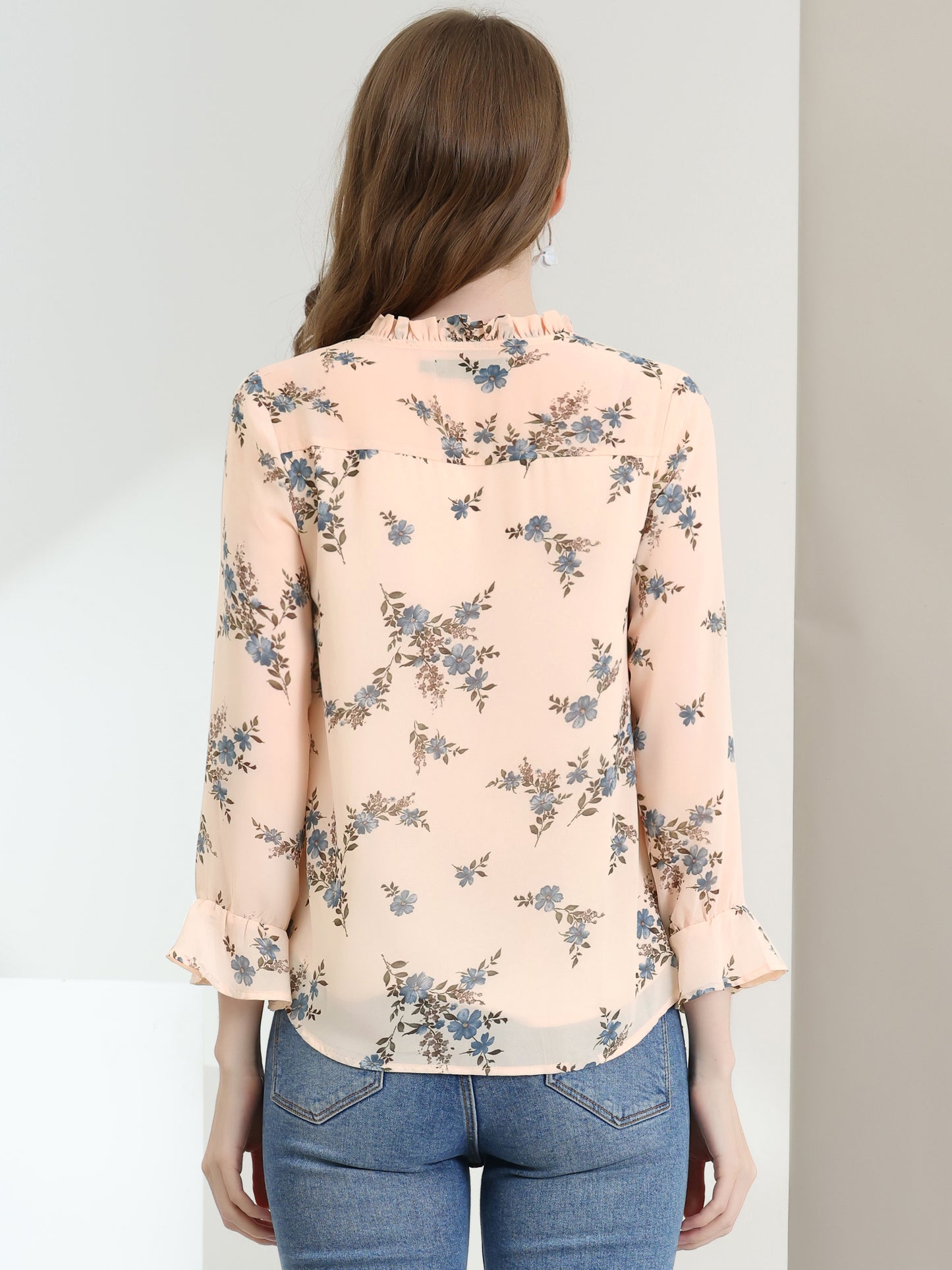 Women's Ruffle Collar 3/4 Sleeve Tie Neck Chiffon Floral Blouse Top