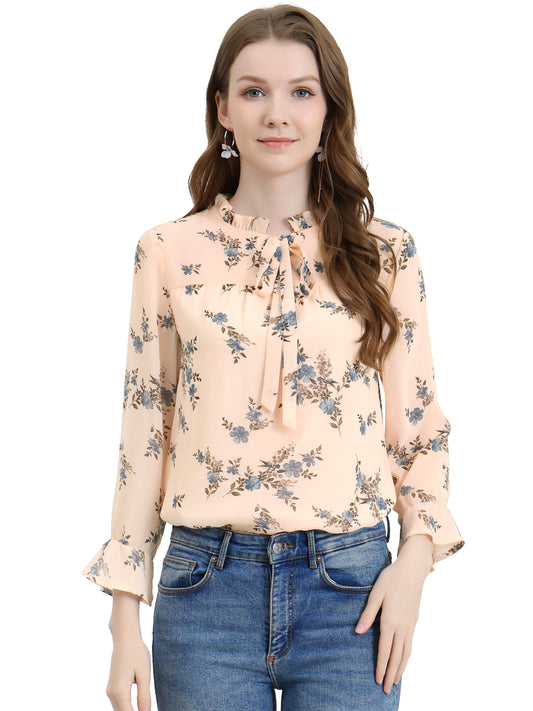 Blusa de gasa con estampado floral, cuello con volantes, mangas 3/4 y lazo para mujer