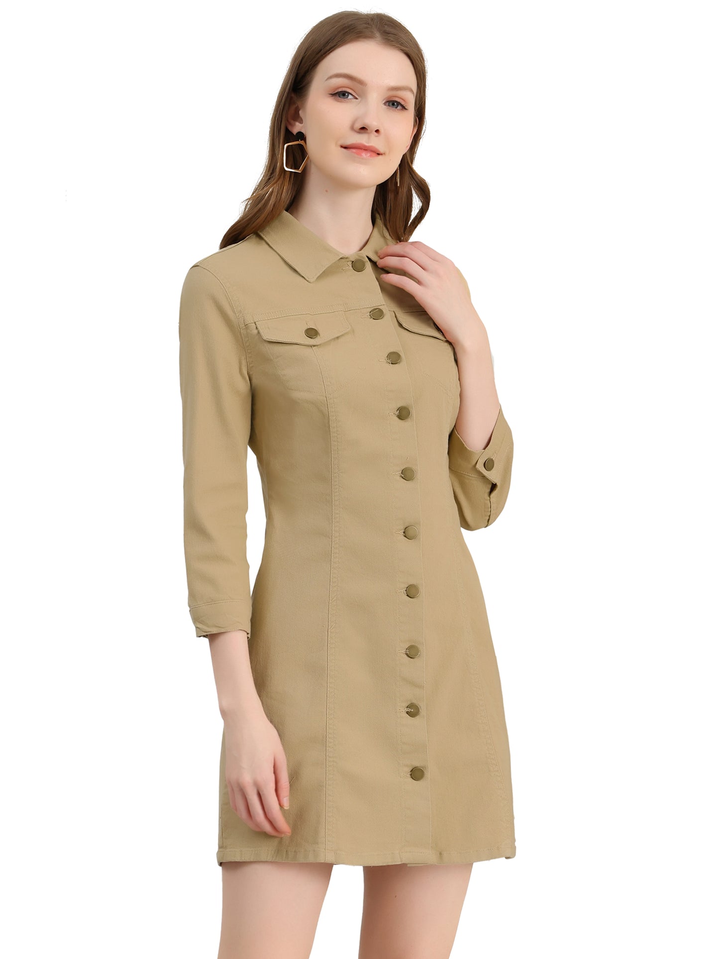Women's 3/4 Sleeve Button Down Denim Shirt Dress