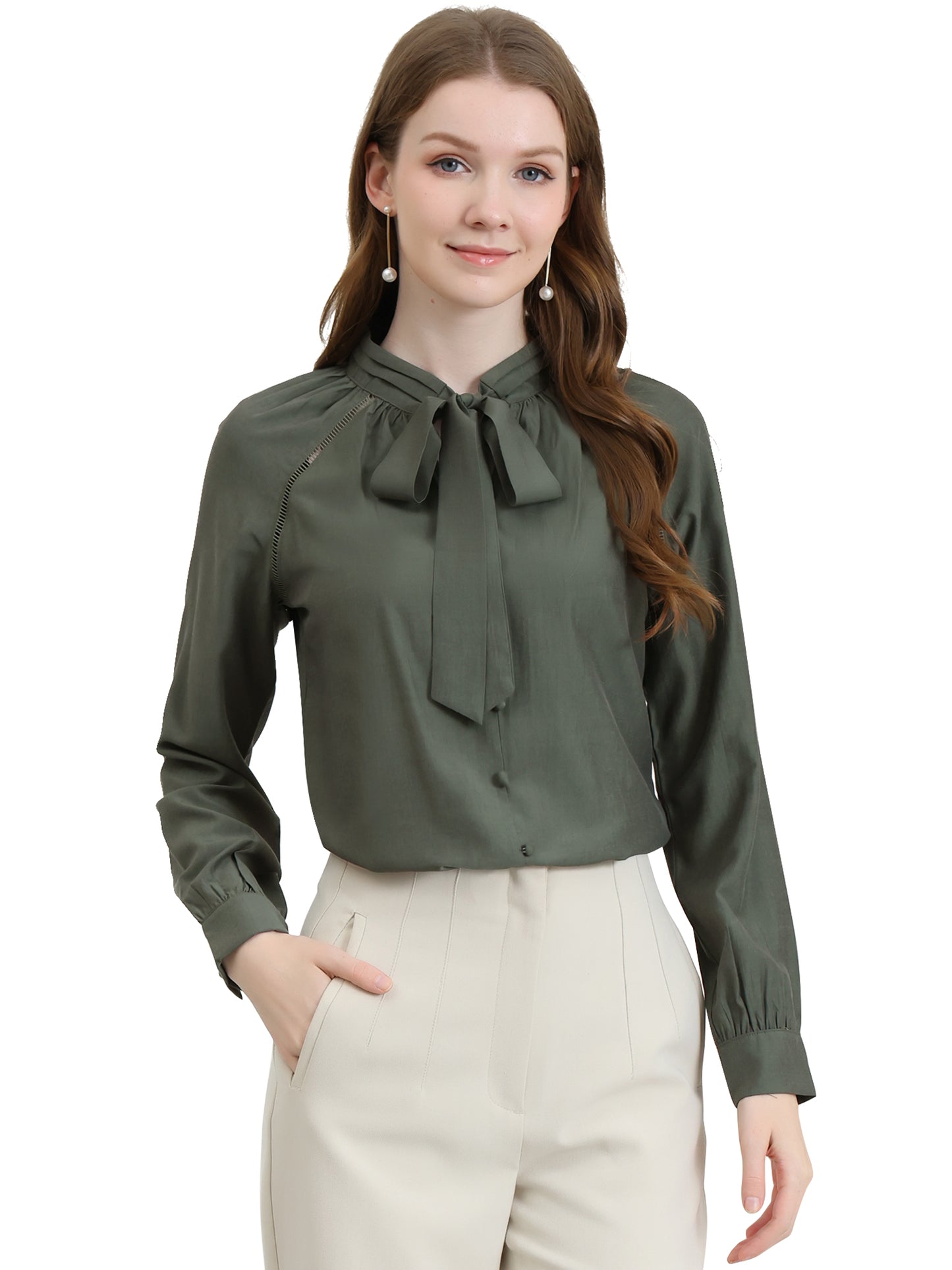Women's Work Office Tops Bow Tie Neck Button Decor Long Sleeve Shirt Blouse