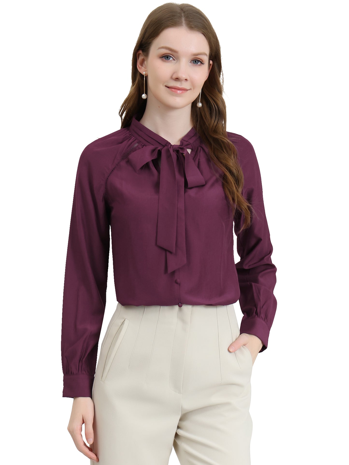 Women's Work Office Tops Bow Tie Neck Button Decor Long Sleeve Shirt Blouse