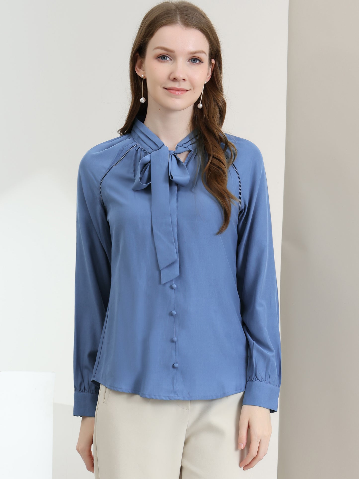 Women's Work Office Tops Bow Tie Neck Button Decor Long Sleeve Shirt Blouse