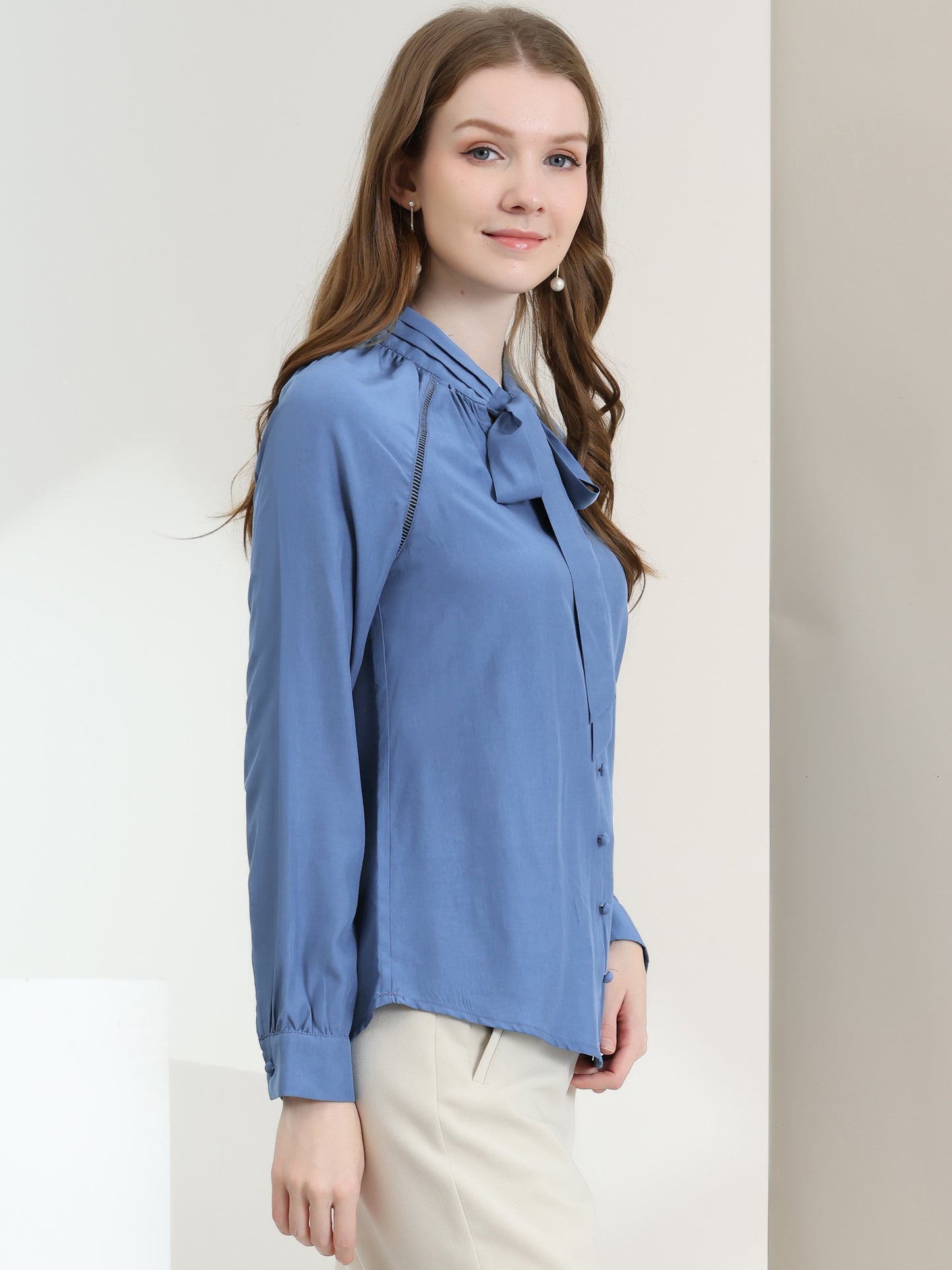 Women's Work Office Tops Bow Tie Neck Button Decor Long Sleeve Shirt Blouse