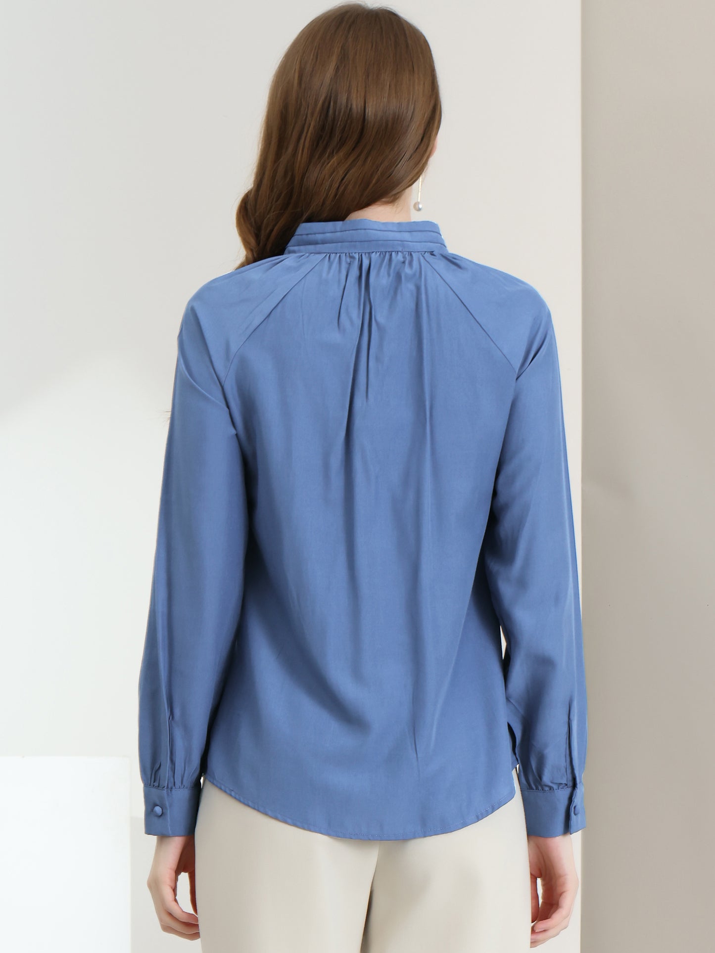 Women's Work Office Tops Bow Tie Neck Button Decor Long Sleeve Shirt Blouse