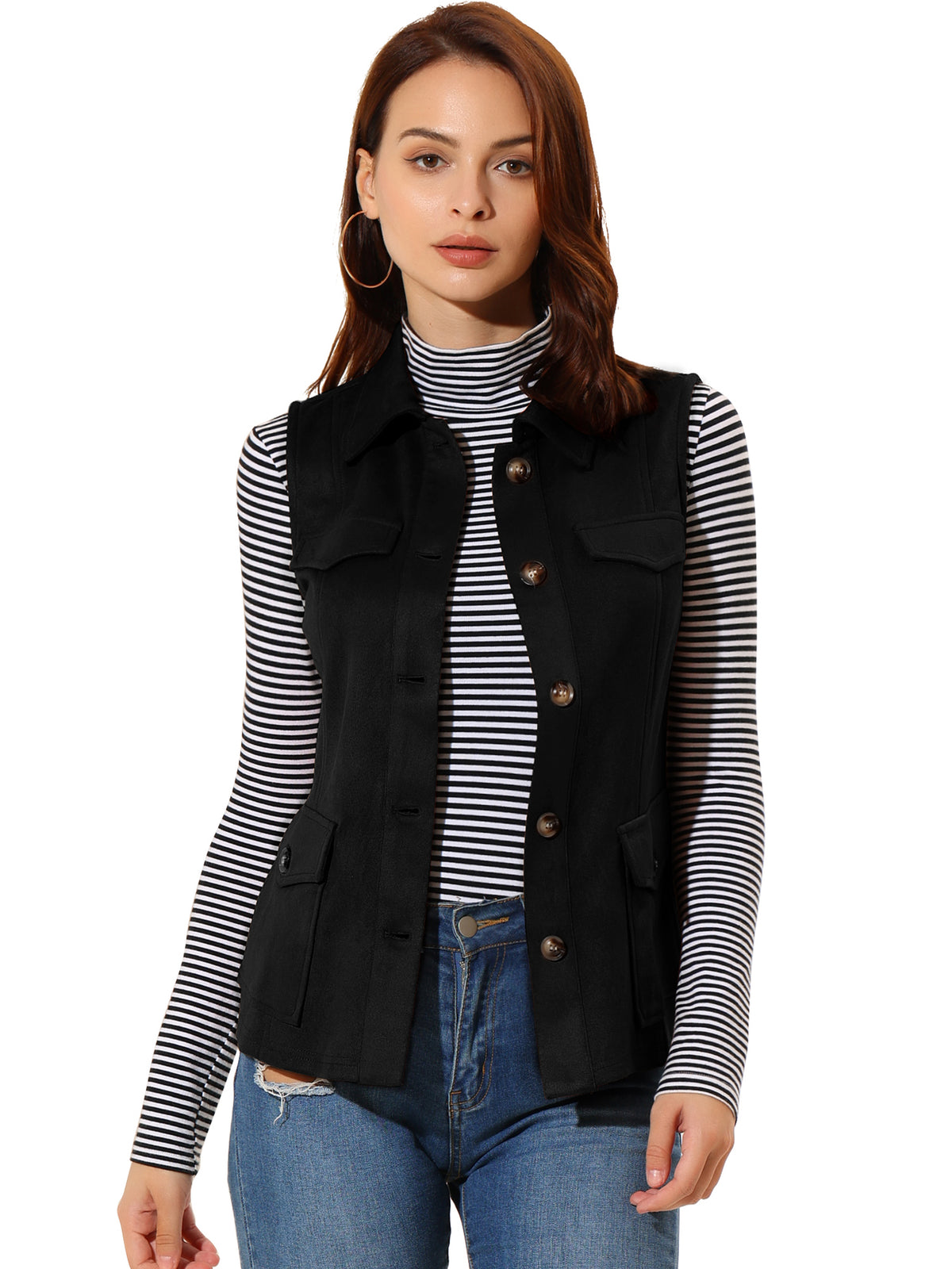 Women's Faux Suede Vest Button Down Pocket Sleeveless Fall Jacket