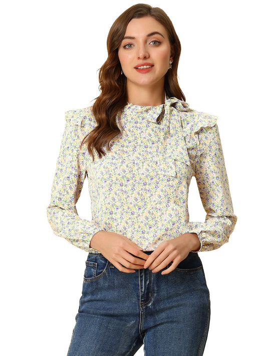 Women's Bow Tie Neck Long Sleeve Floral Ruffled Blouse