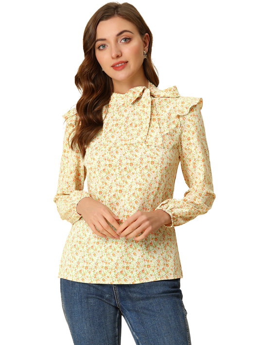 Women's Bow Tie Neck Long Sleeve Floral Ruffled Blouse