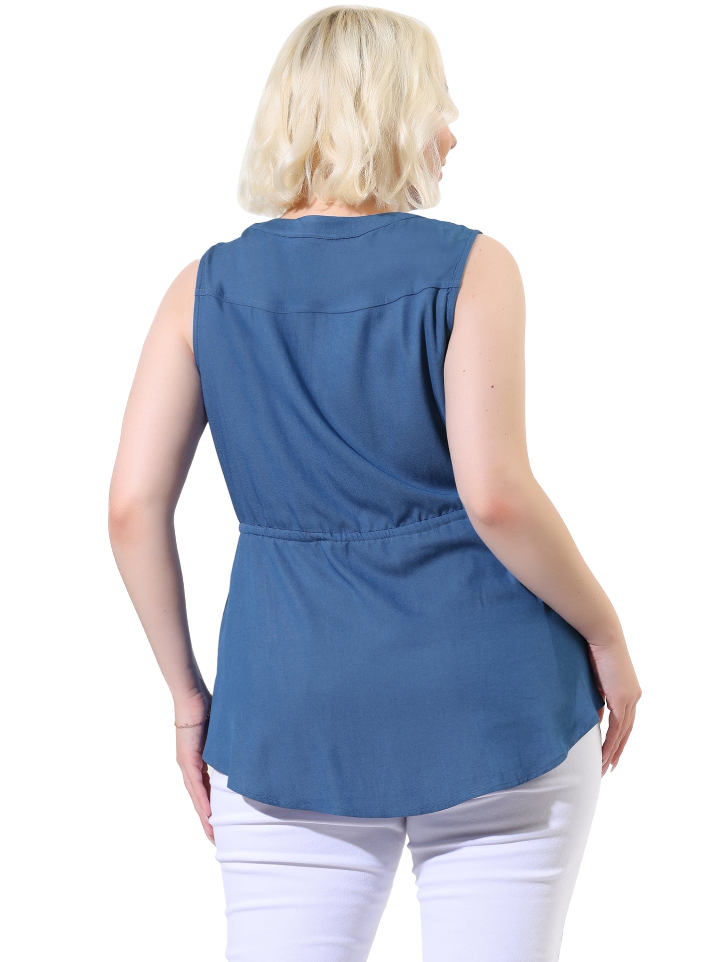 Women Plus Size Chambray Tank Sleeveless Shirt V Neck Drawstring Waist Denim Top