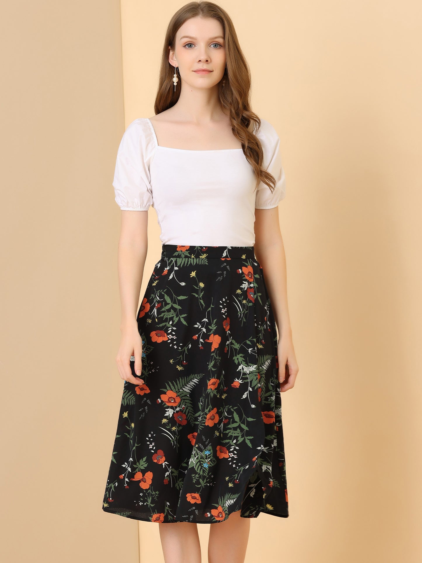 Women's Boho Floral High Waist Split A Line Midi Skirt
