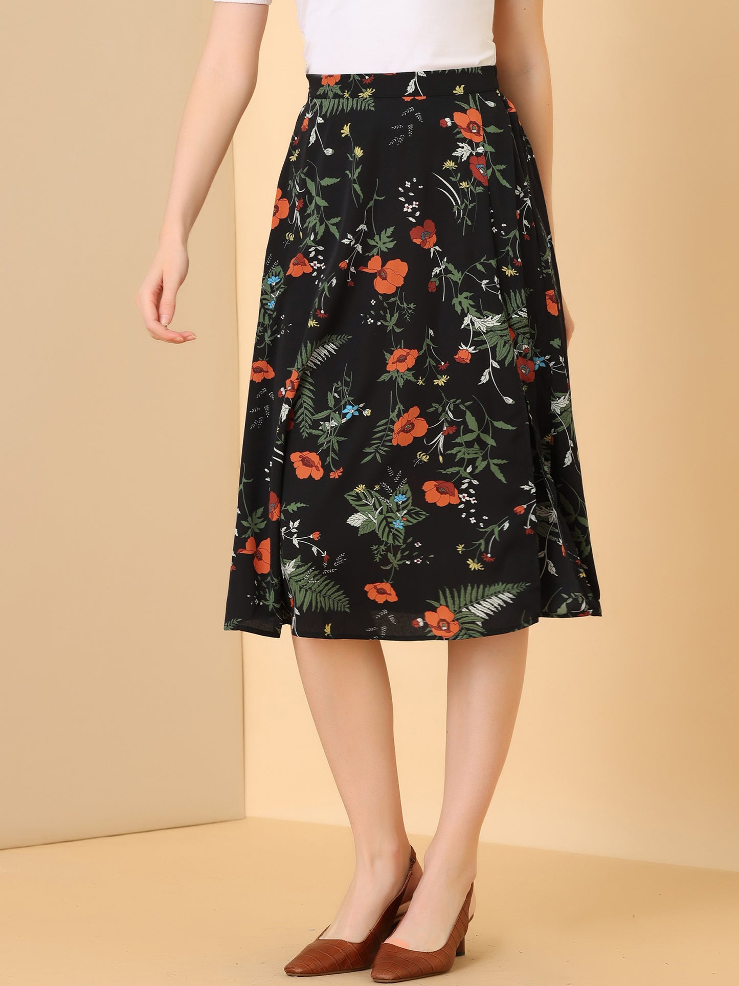 Women's Boho Floral High Waist Split A Line Midi Skirt