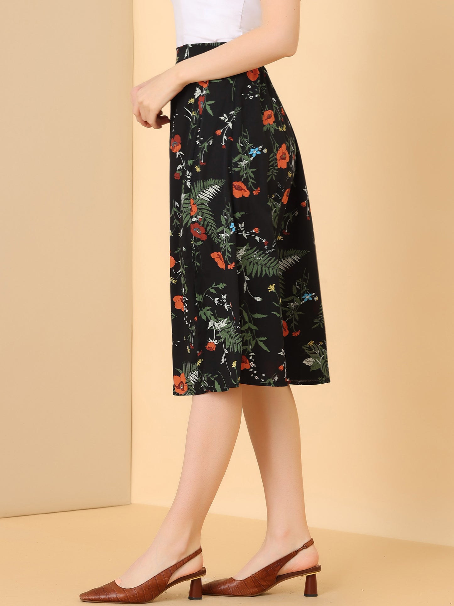 Women's Boho Floral High Waist Split A Line Midi Skirt
