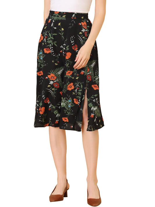Women's Boho Floral High Waist Split A Line Midi Skirt