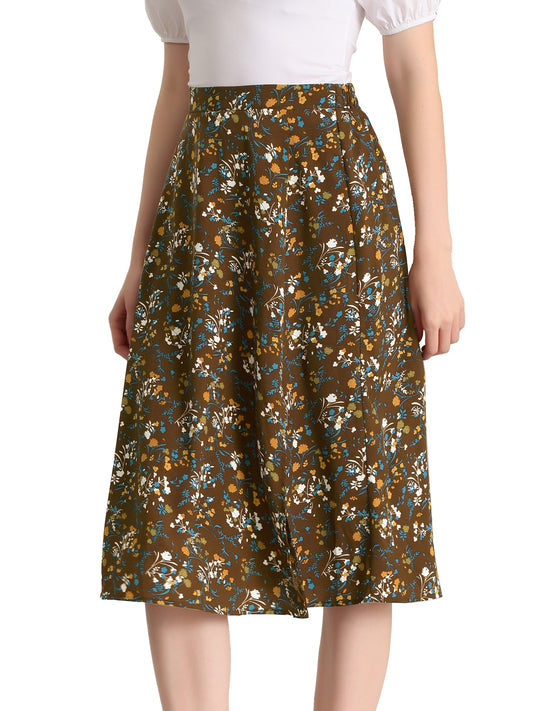 Women's Boho Floral High Waist Split A Line Midi Skirt