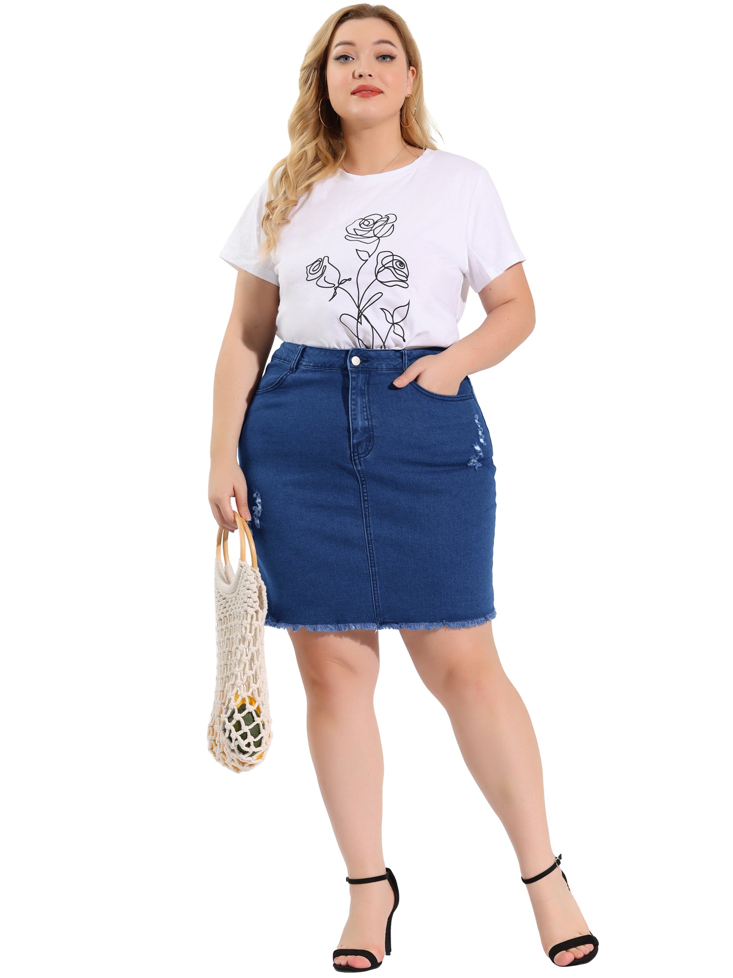 Women's Plus Size Denim Short Skirt Distressed Frayed A-Line Ripped Mini Jean Skirt