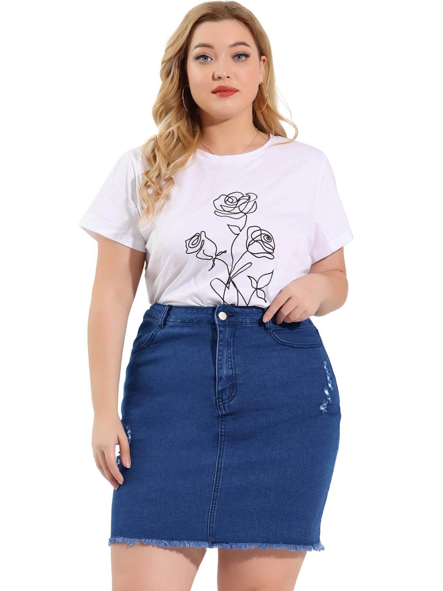Women's Plus Size Denim Short Skirt Distressed Frayed A-Line Ripped Mini Jean Skirt